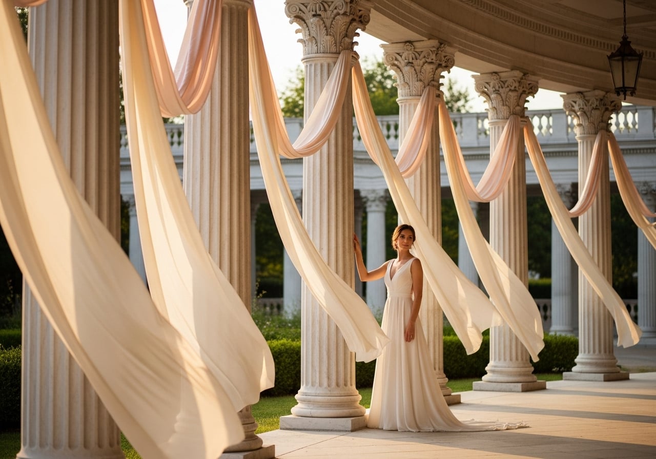Featured image for 12 Colonnade and Pillar Wedding Ceremonies with Flowing Fabric