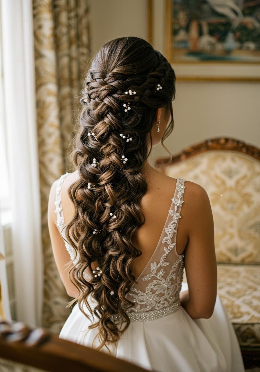 Bride with elaborate waterfall braid featuring multiple cascading sections