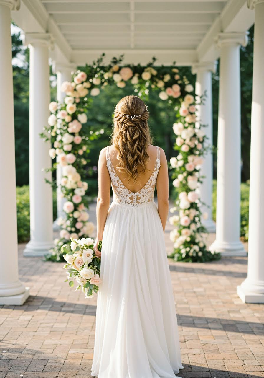 Bride with elegant twisted half-up hairstyle in sunlit garden pavilion