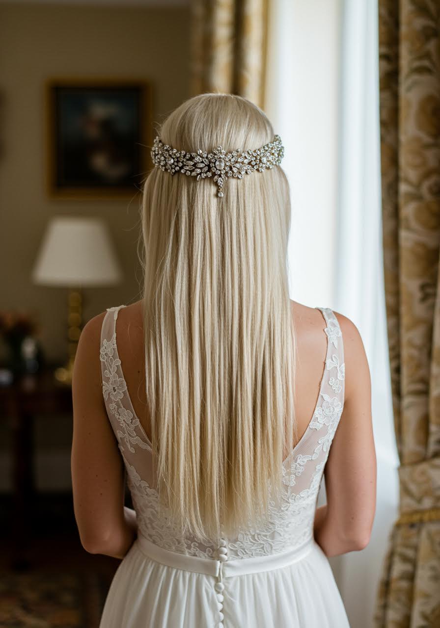 Elegant bride with sleek straight hair and ornate jewelled headband