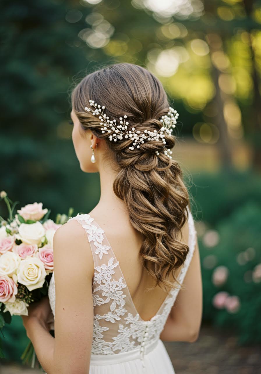 Elegant bride with low chignon hairstyle adorned with delicate pearl accessories