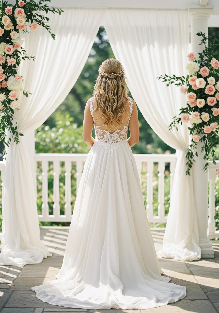 Romantic bride with soft updo and delicate face-framing tendrils