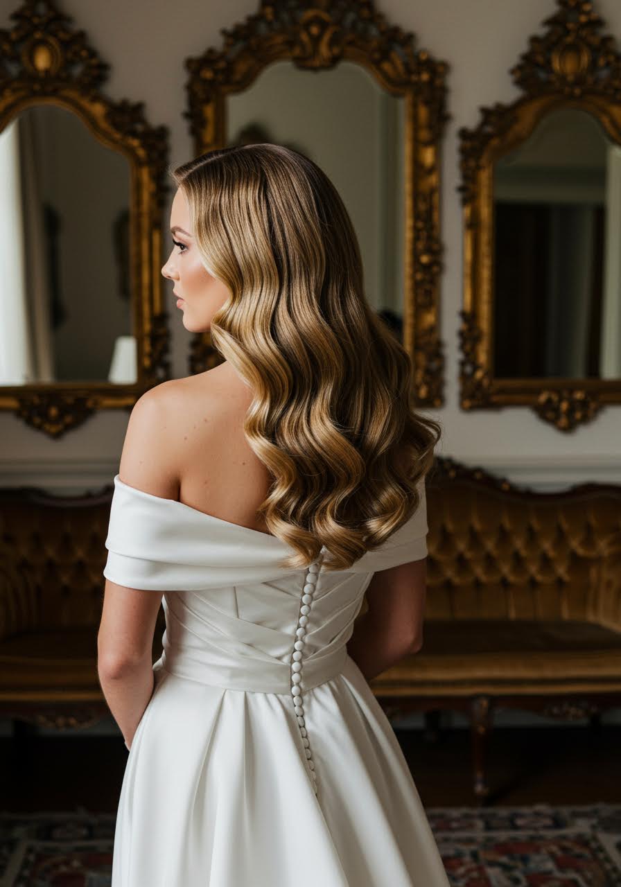 Glamorous bride with dramatic side part and Old Hollywood waves