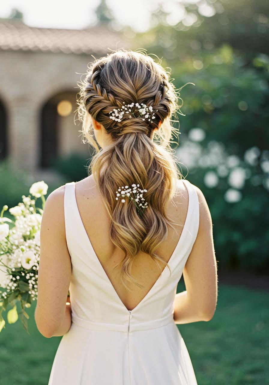 Bride with textured braided ponytail and voluminous crown teasing