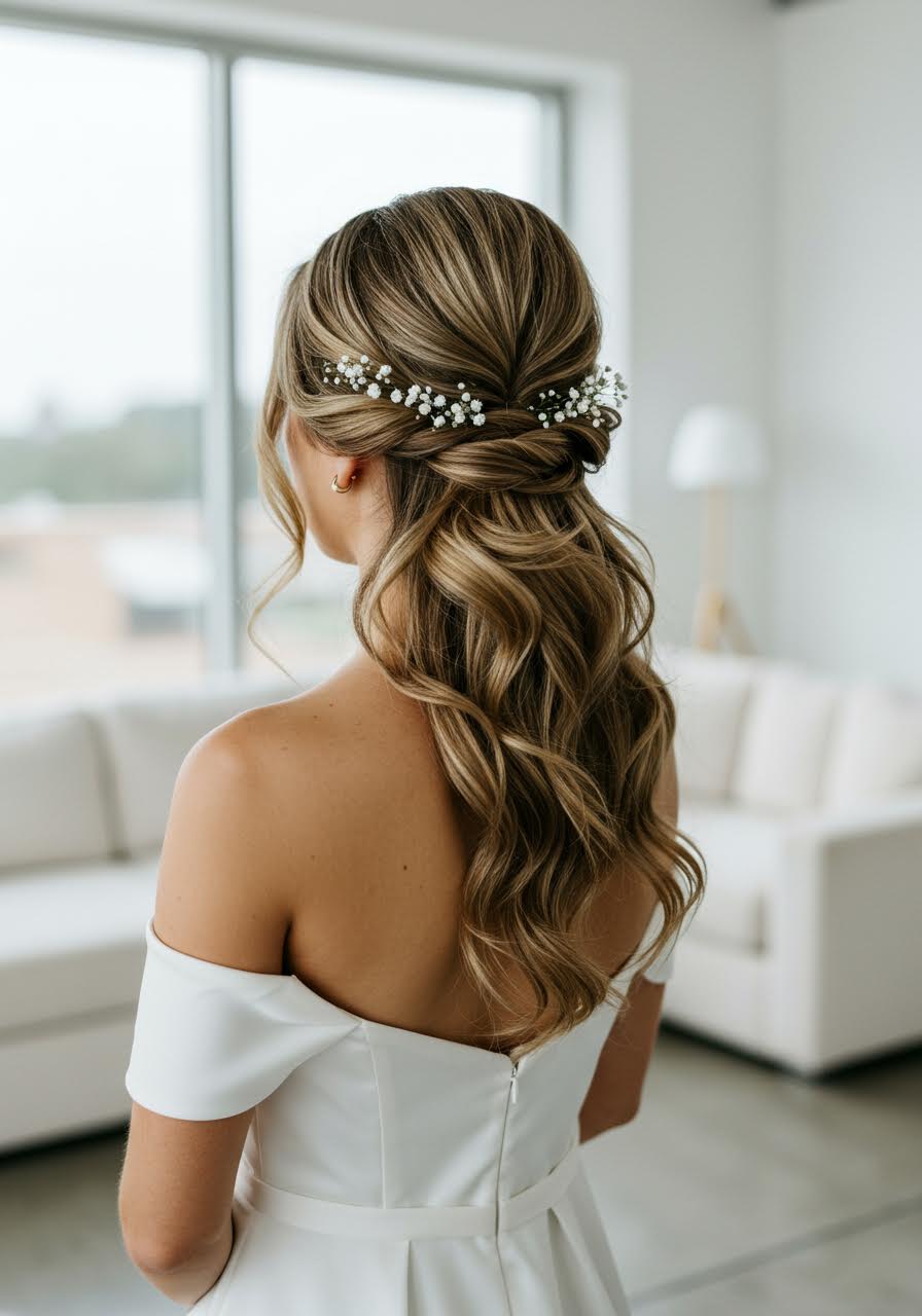 Modern bride with sleek textured top knot in contemporary setting