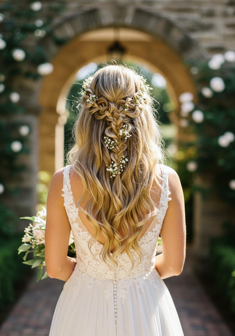 Bride with intricate braided crown hairstyle and long cascading curls