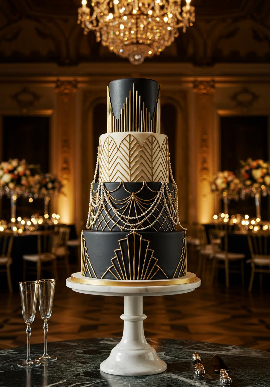 Magnificent Art Deco wedding cake with geometric gold patterns and cascading sugar pearls in a luxurious 1920s ballroom