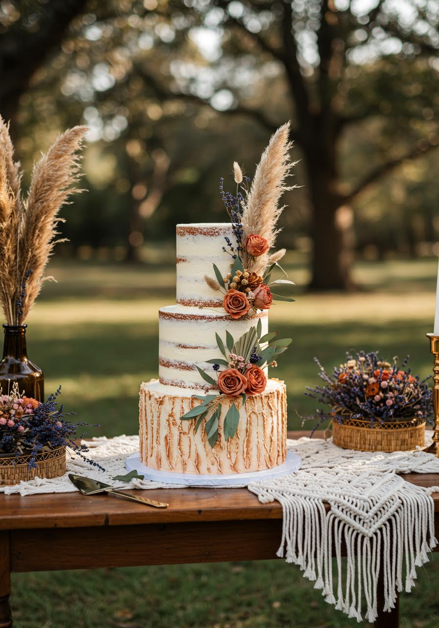 Three-tier bohemian wedding cake adorned with cascading dried pampas grass, eucalyptus, and dusty rose dried flowers