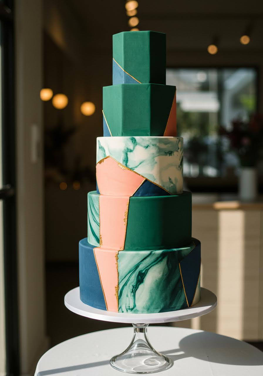 Bold five-tier abstract wedding cake with geometric colour-block designs in emerald green, coral pink, and navy blue