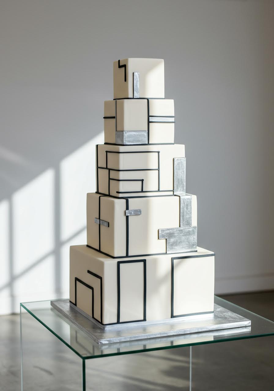 Modern four-tier geometric wedding cake with bold cubic sections and clean architectural lines