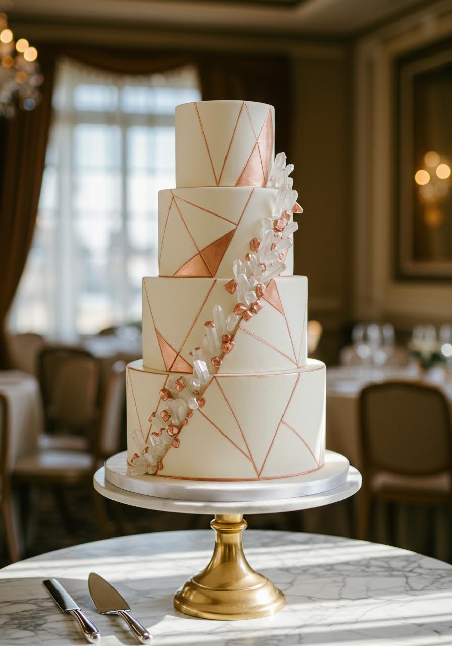 Three-tier crystal-inspired wedding cake with geometric faceted details resembling cut gems on a marble pedestal
