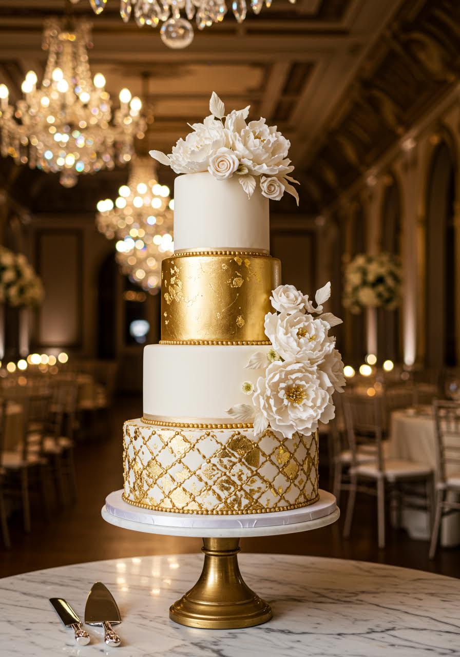 Luxurious three-tier wedding cake adorned with shimmering gold leaf details and cascading sugar flowers