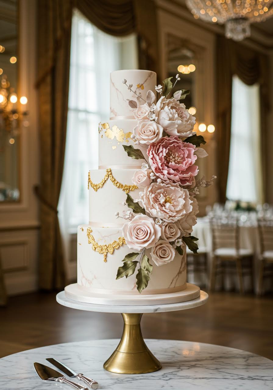 Magnificent wedding cake decorated with intricate sugar flowers including peonies and roses in an elegant ballroom setting