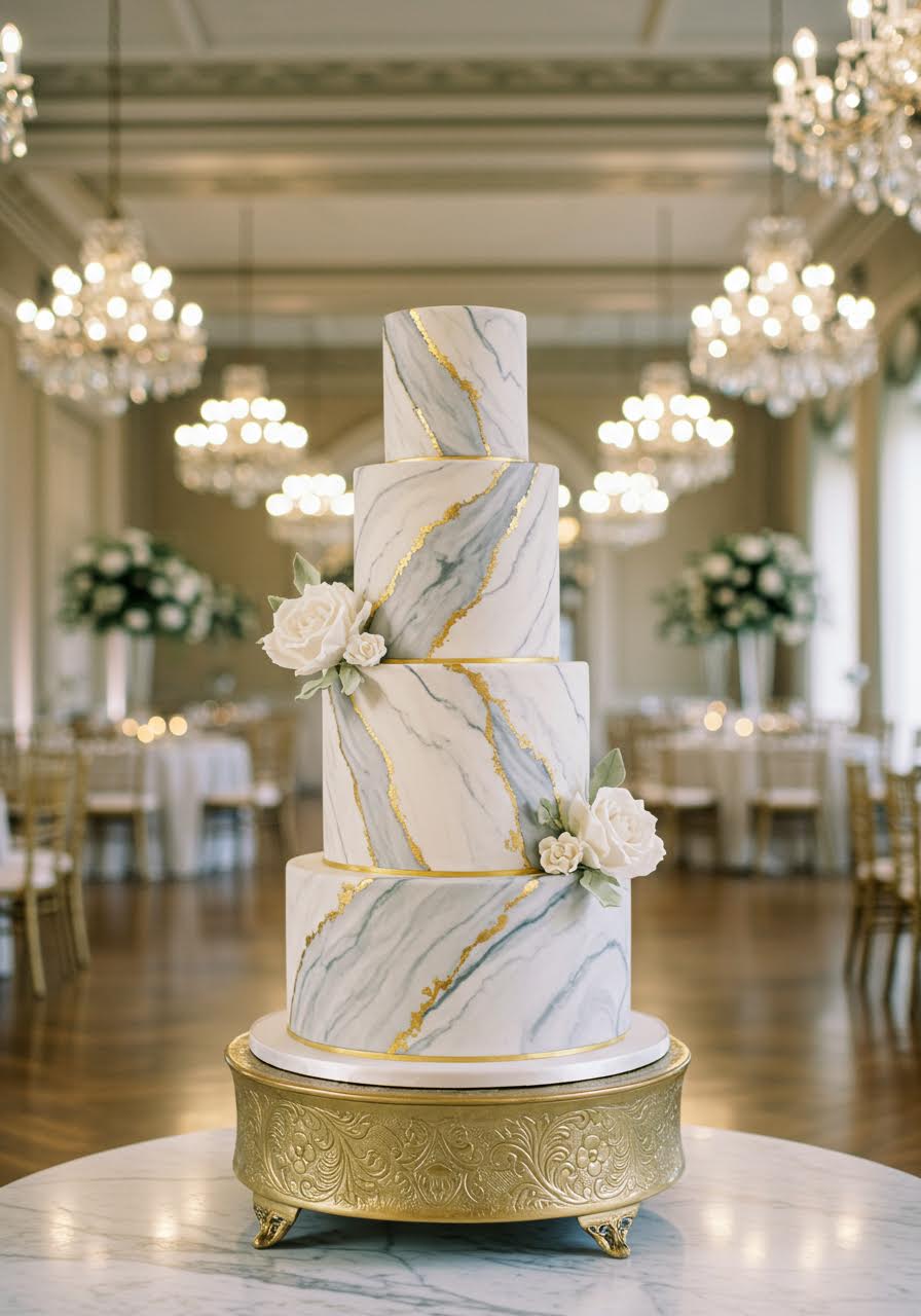 Elegant three-tier wedding cake featuring realistic marble-effect fondant with natural stone veining in whites and golds