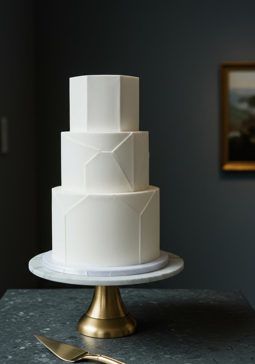 Clean three-tier minimalist wedding cake with smooth white fondant and sharp geometric edges on a marble pedestal