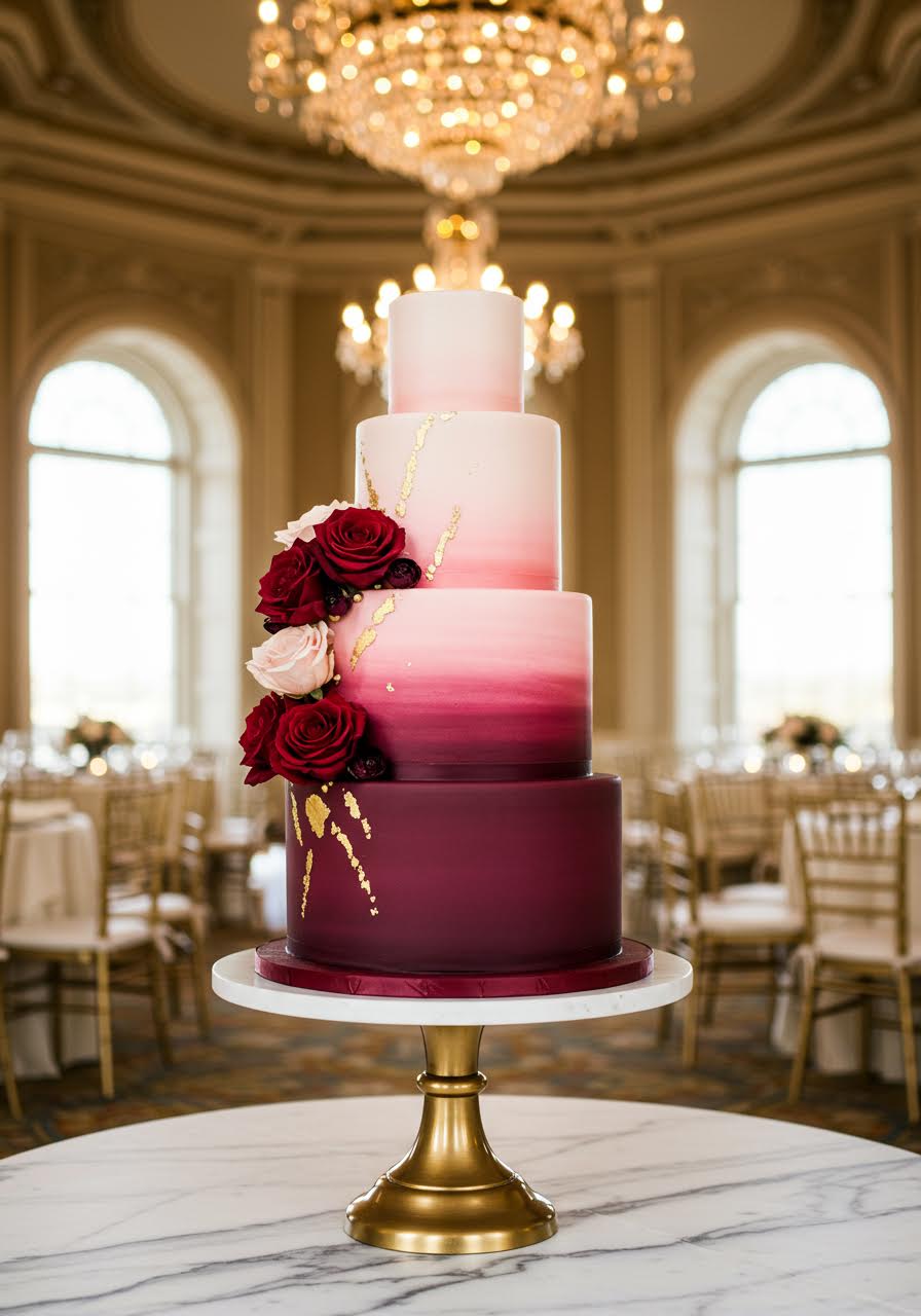 Three-tier ombré wedding cake transitioning from deep burgundy to soft blush pink with cascading roses