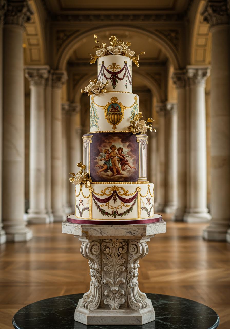 Magnificent Renaissance-inspired wedding cake with hand-painted classical frescoes and gold leaf cherub motifs