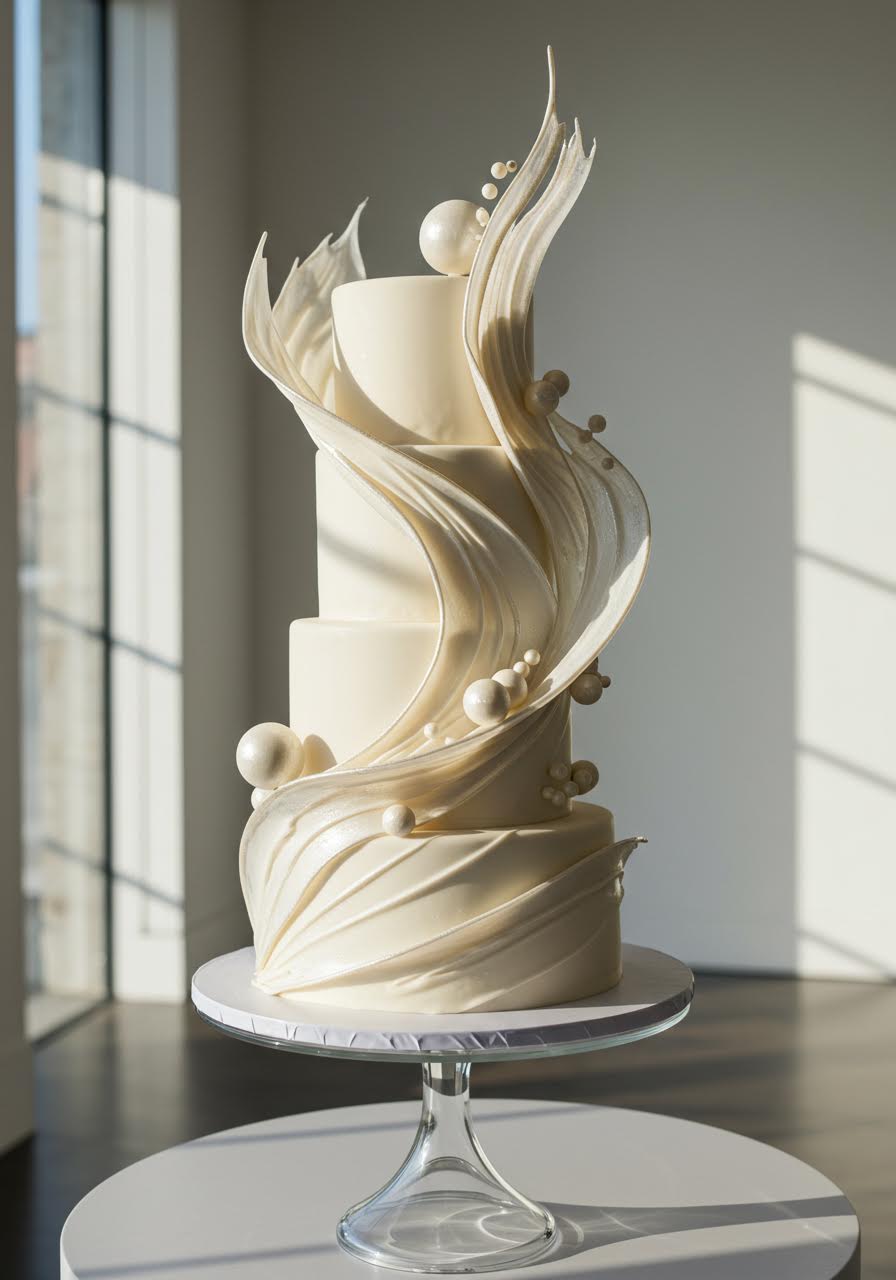 Dramatic sculptural wedding cake with flowing wave-form design and undulating curves on a crystal glass stand