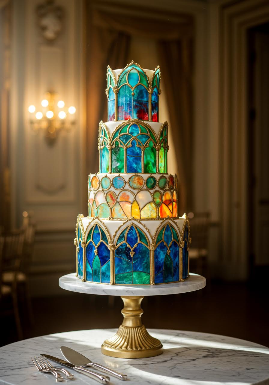 Three-tier wedding cake with translucent sugar panels resembling stained glass windows in vibrant jewel tones