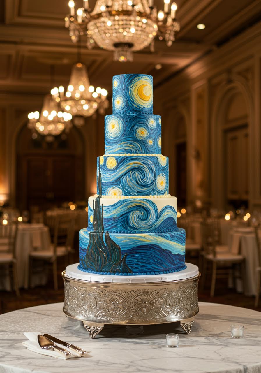 Four-tier wedding cake inspired by Van Gogh's Starry Night with swirling blue and yellow buttercream details