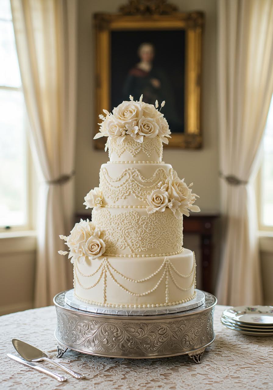 Three-tier vintage wedding cake featuring delicate ivory buttercream lace piping and sugar flowers on an ornate silver pedestal