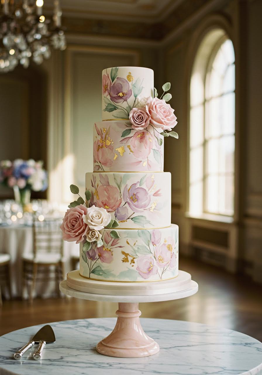 Elegant three-tier wedding cake featuring delicate hand-painted watercolour florals in soft pastels on a marble pedestal