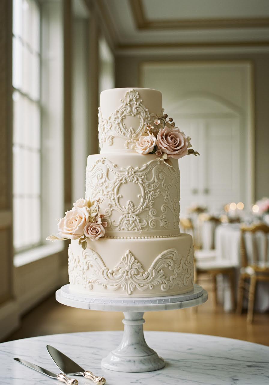 Three-tier embossed wedding cake with intricate raised floral patterns and baroque scrollwork on a marble pedestal