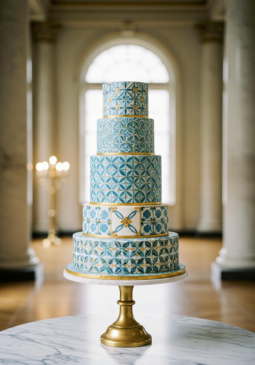 Three-tier wedding cake featuring intricate mosaic tile-inspired patterns in blues, golds, and whites