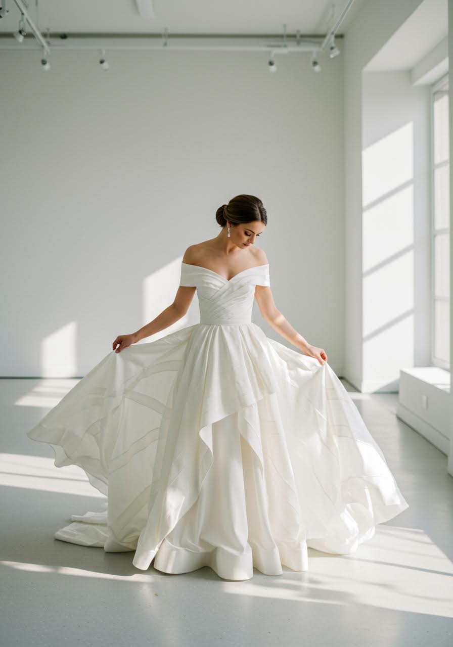 Bride wearing asymmetrical wedding dress with dramatic off-shoulder design and flowing train in modern art gallery