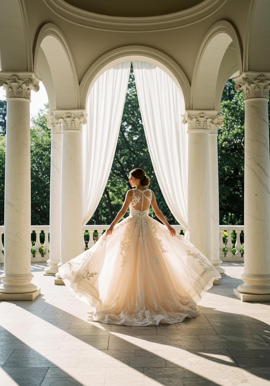 Bride in flowing blush pink wedding gown with delicate lace details in sunlit garden pavilion with white columns
