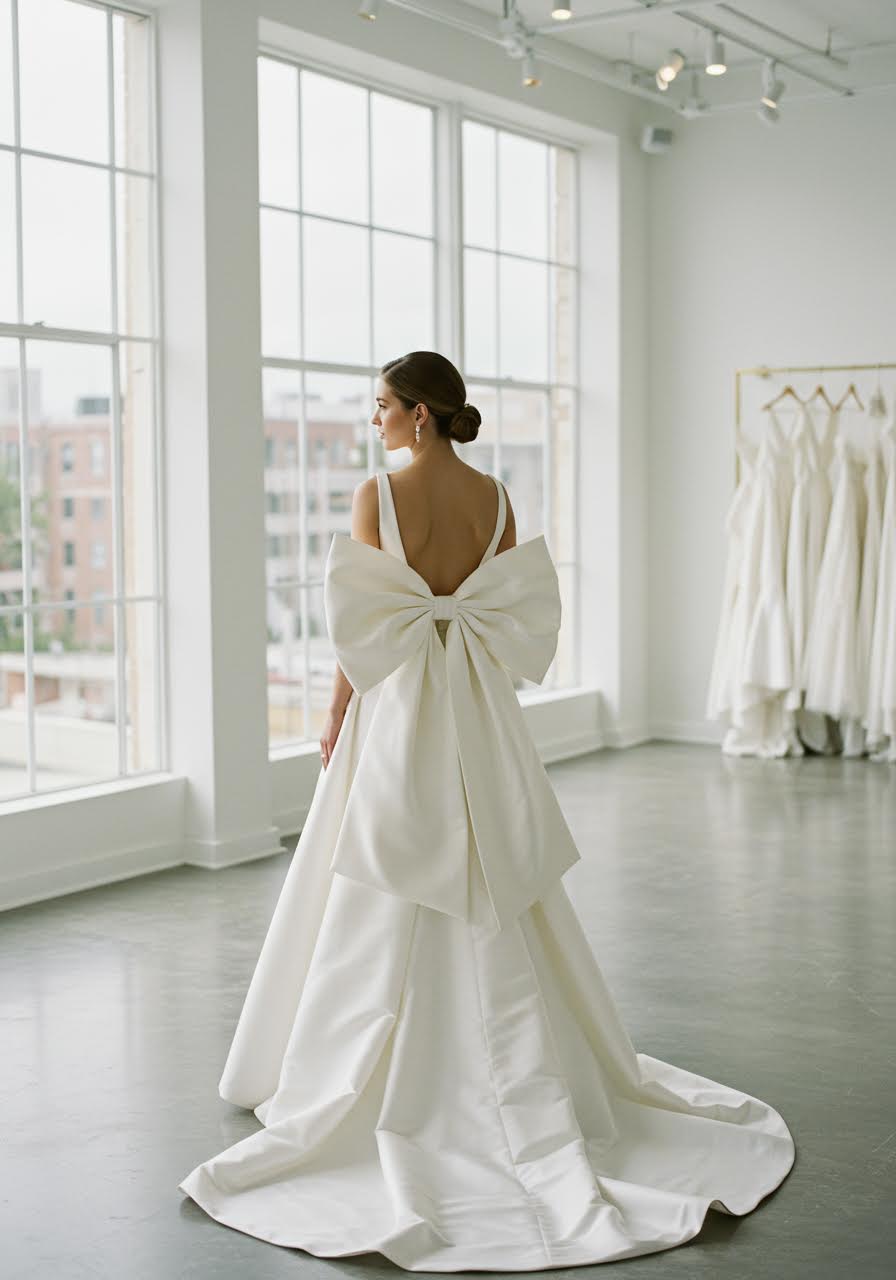Bride in elegant wedding dress with oversized silk bow detail at back in modern bridal boutique with floor-to-ceiling windows