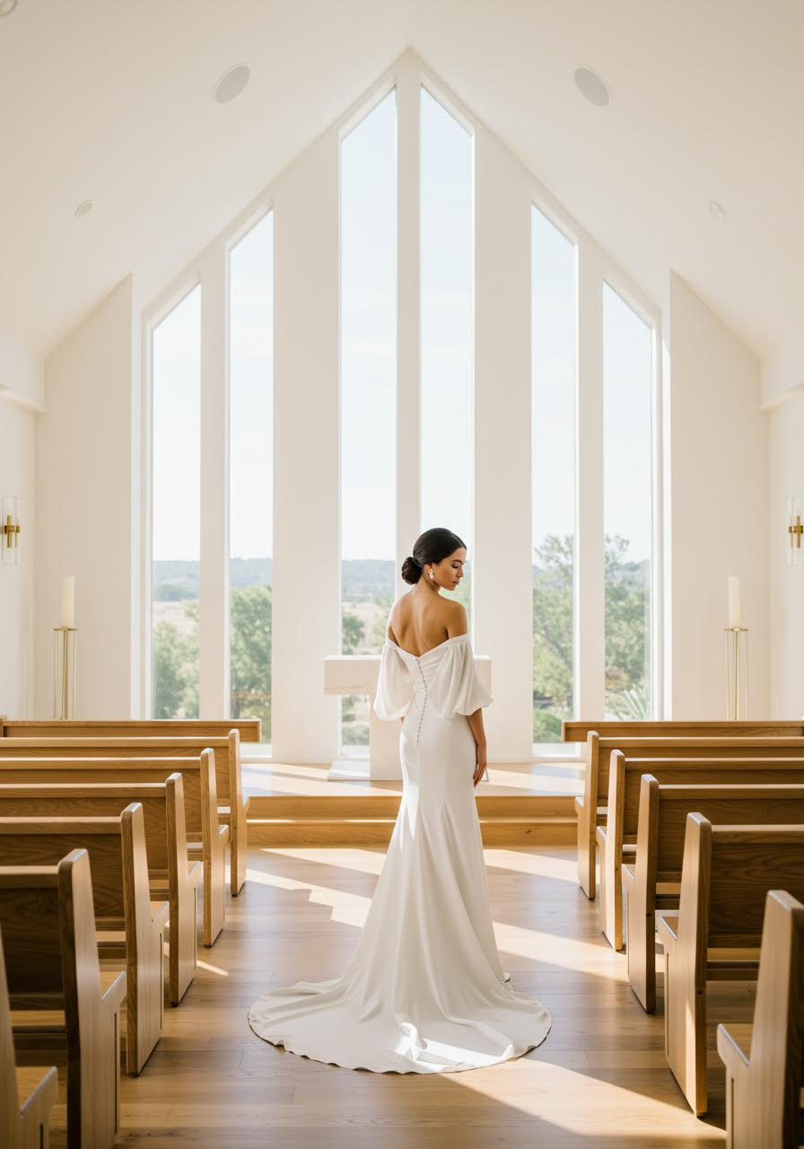 Contemporary bride wearing elegant off-the-shoulder wedding dress with flowing sleeves in minimalist modern chapel with natural light