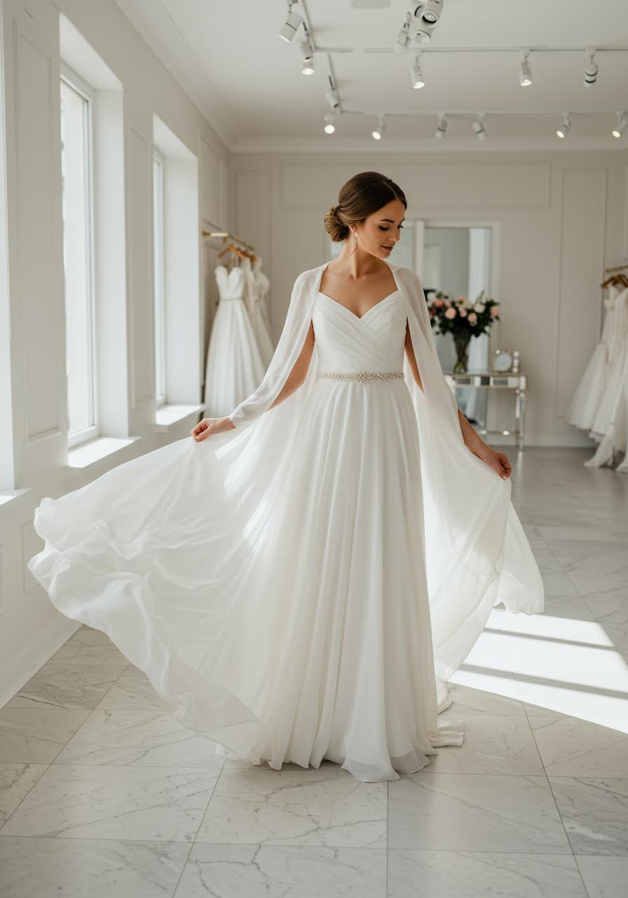 Bride in elegant convertible wedding dress with detachable off-shoulder sleeves and removable beaded belt in bright airy boutique
