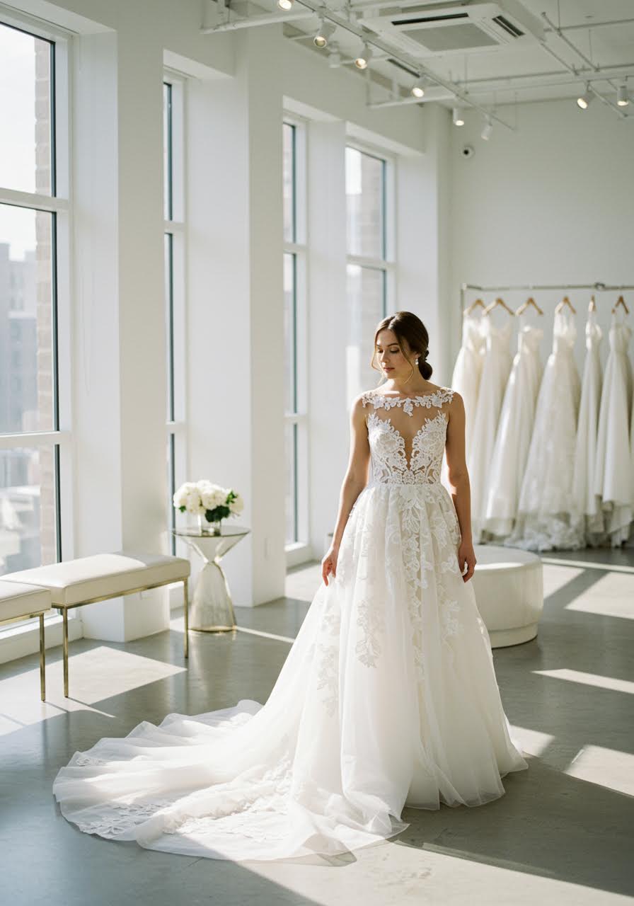 Bride wearing illusion neckline wedding dress with delicate lace appliqués and sheer tulle panels in minimalist modern boutique