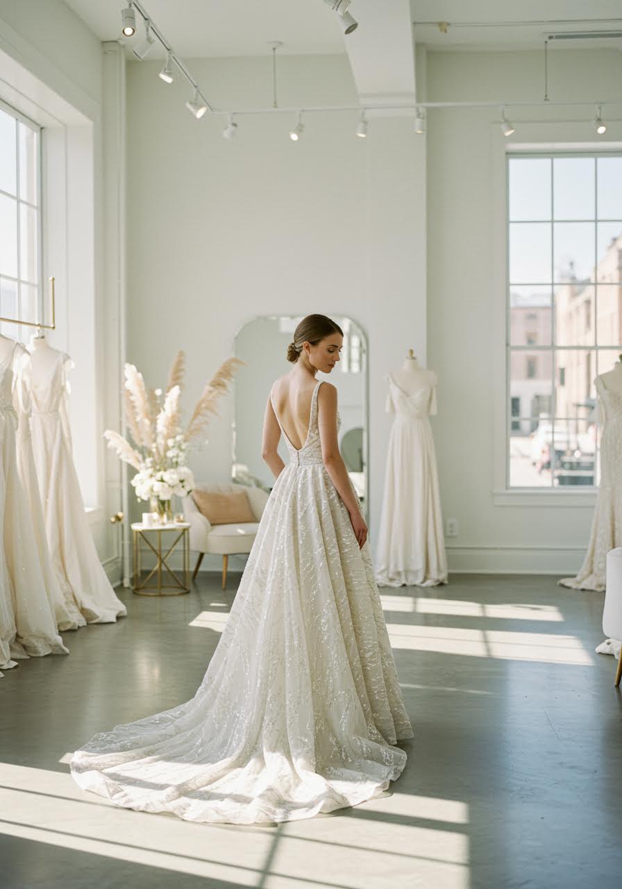 Bride wearing floor-length wedding dress with delicate metallic threading and silver embellishments in modern bridal boutique