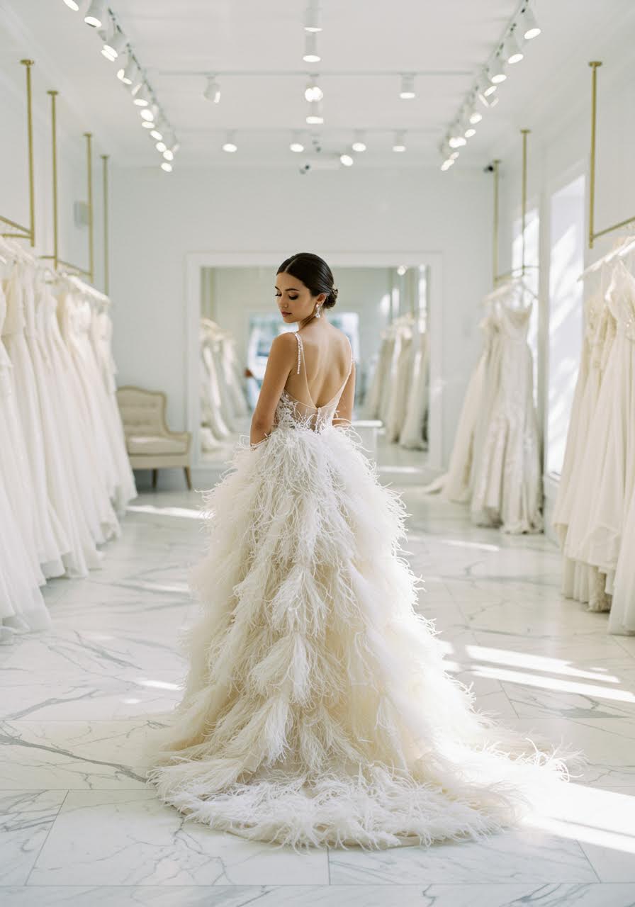 Bride wearing ethereal feathered wedding dress with cascading ostrich plumes and textural layers in minimalist modern boutique