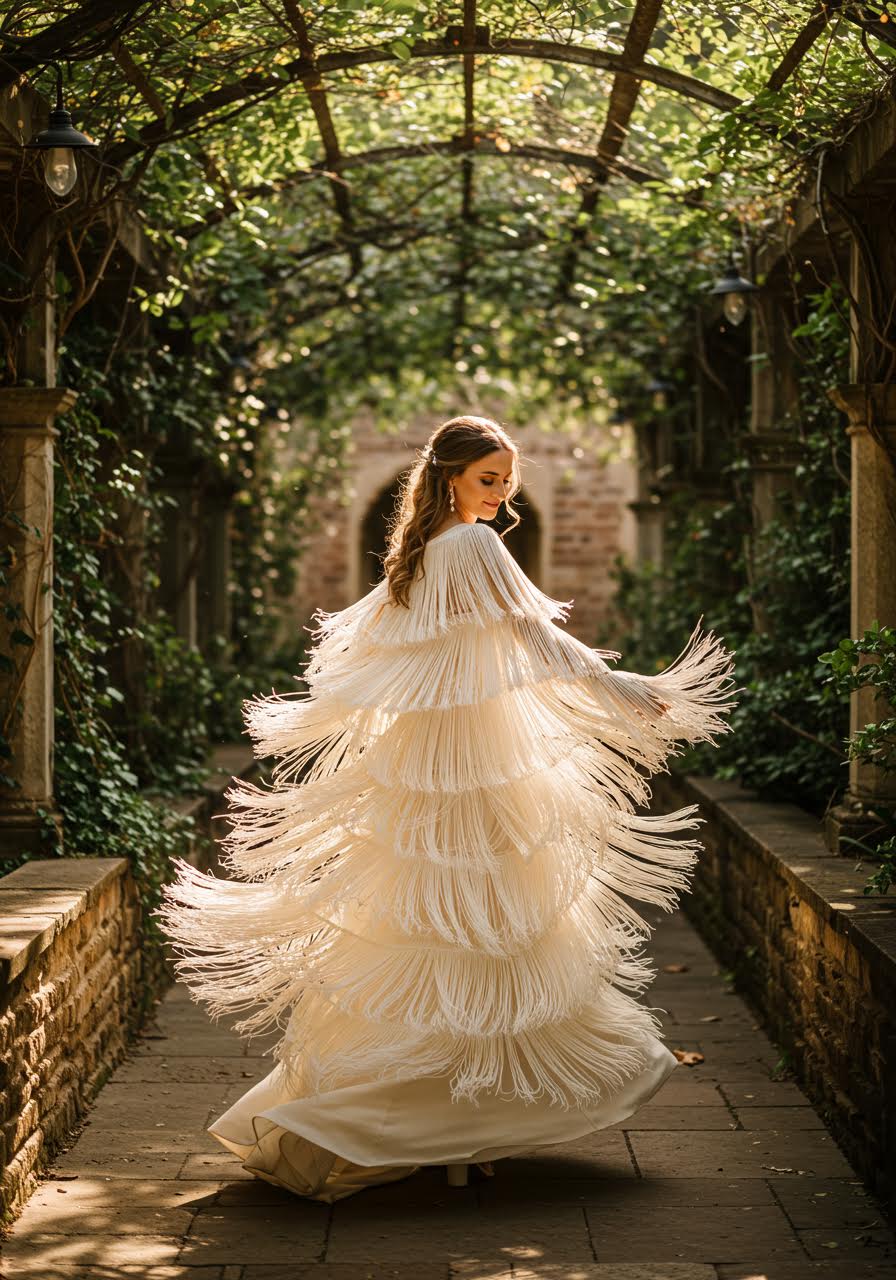 Bride in flowing fringe wedding dress with cascading tiers twirling gracefully in sunlit garden courtyard during golden hour