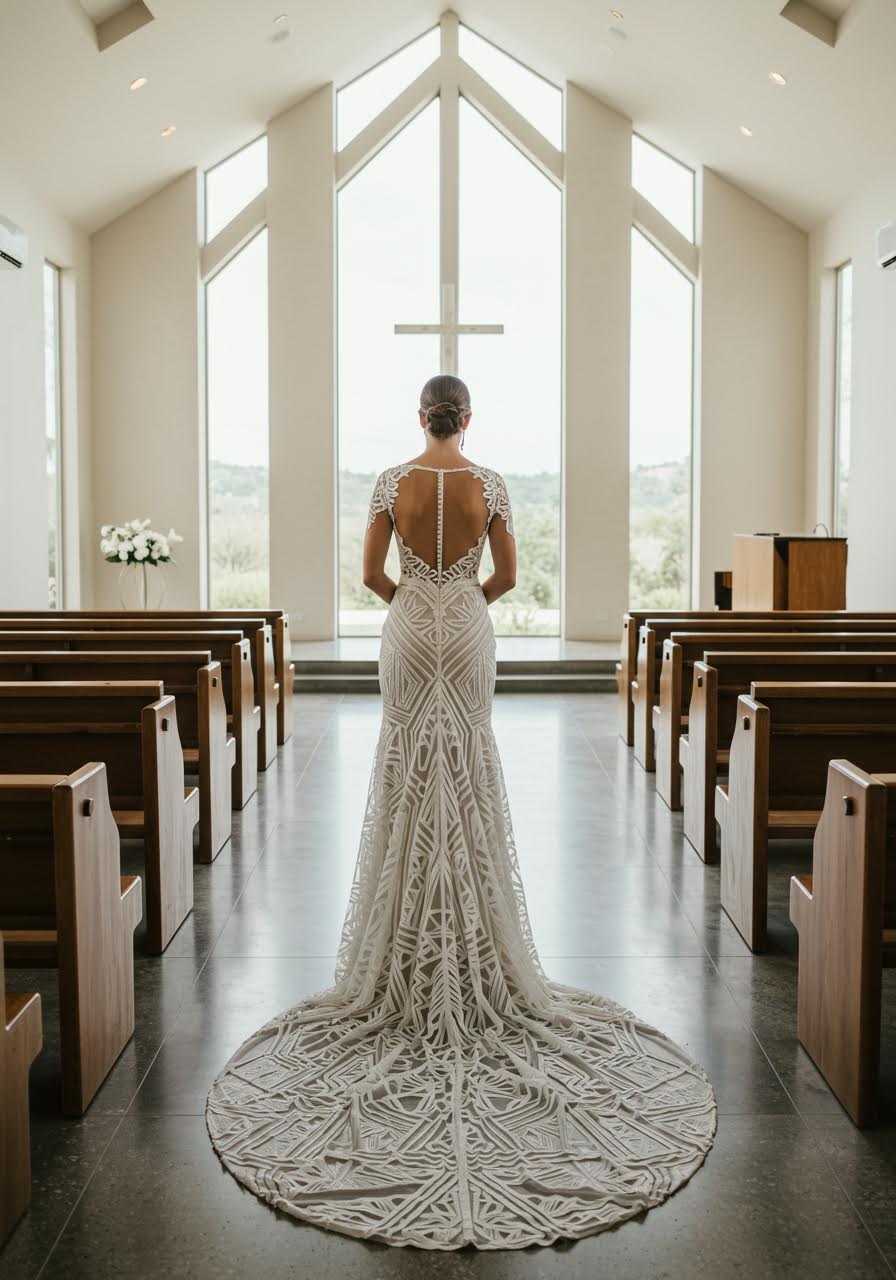 Bride wearing geometric lace wedding dress with angular patterns and structured lines in minimalist modern chapel