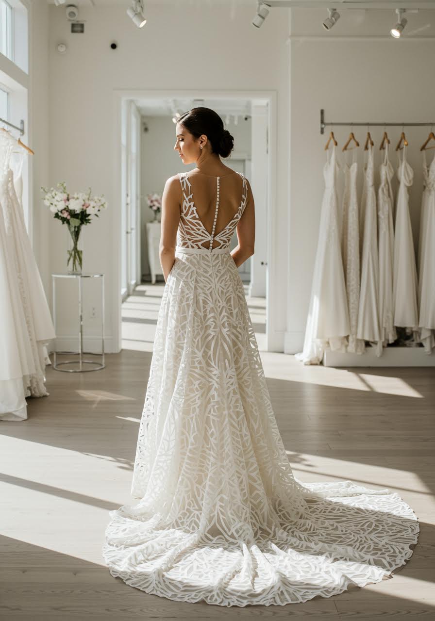Bride in stunning laser-cut wedding dress with intricate geometric patterns in modern bridal boutique with natural light