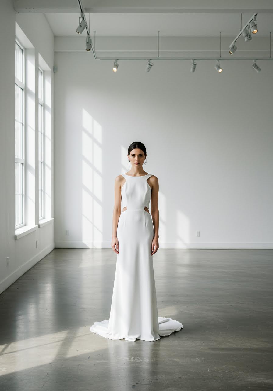 Bride in sleek wedding dress with geometric cut-out details at waist and shoulders in minimalist modern art gallery