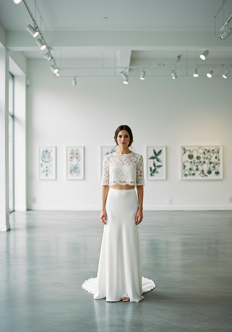 Fashion-forward bride in modern two-piece wedding dress with cropped lace top and silk skirt in contemporary art gallery