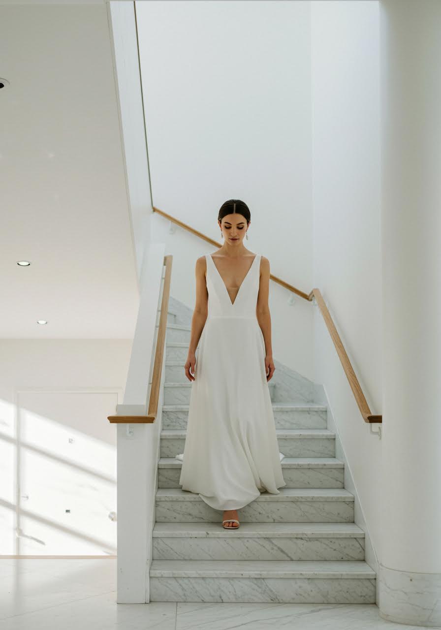 Bride in modern deep V-neck wedding dress with clean lines walking down contemporary marble staircase in upscale venue