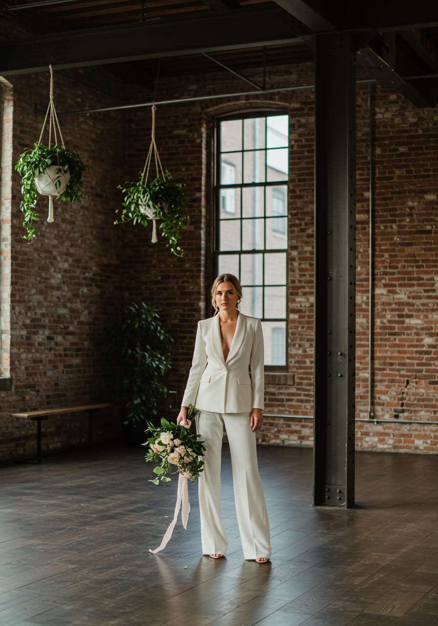 Bride wearing sleek white tailored jumpsuit with wide legs and plunging neckline in modern industrial loft with exposed brick