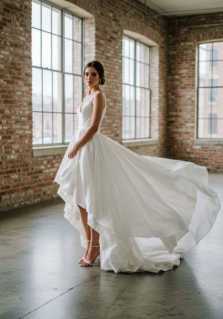 Modern bride in high-low hemline wedding dress with fitted bodice and asymmetrical skirt standing in contemporary loft space