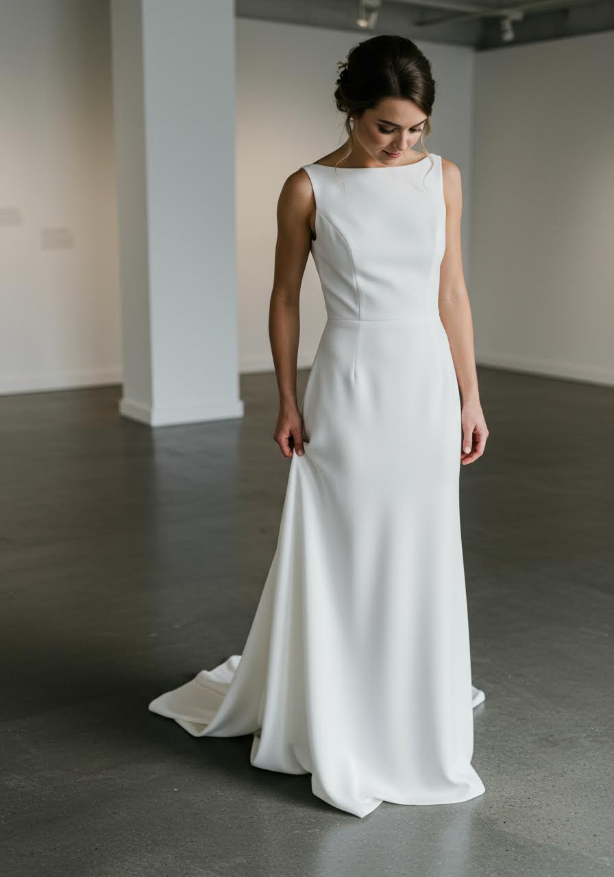 Bride in sleek minimalist wedding dress standing elegantly in modern art gallery with clean white walls and geometric architecture