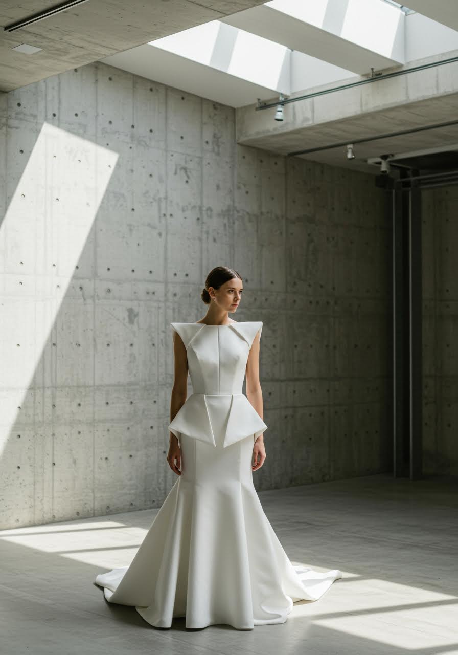 Bride in structured wedding dress with dramatic geometric paneling and architectural seaming in modern minimalist gallery space