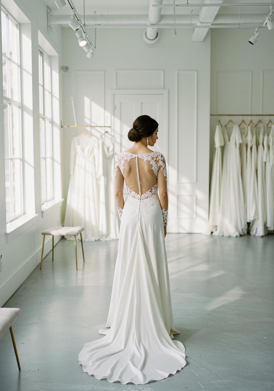 Bride in modern wedding dress with elegant sheer mesh panels on bodice and sleeves paired with flowing silk skirt in minimalist boutique