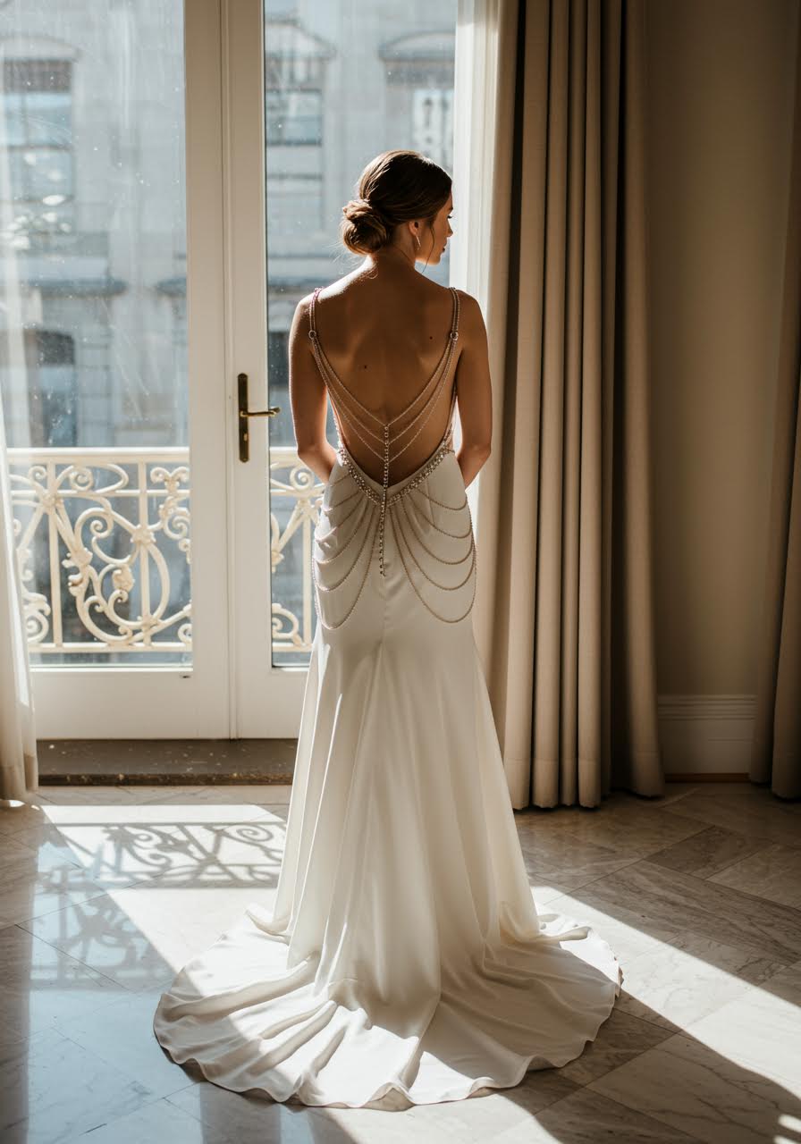Bride in stunning plunging back wedding dress with intricate metallic hardware and delicate chain embellishments in elegant boutique