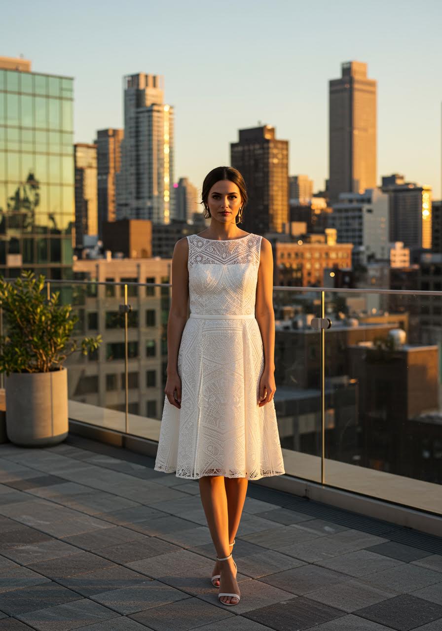 Bride in knee-length sleek A-line wedding dress with modern geometric lace on contemporary urban rooftop overlooking city skyline