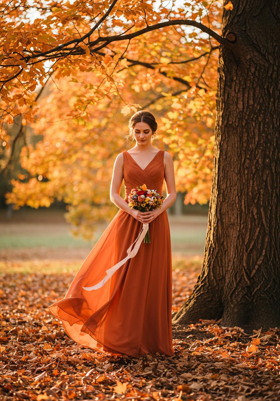 Burnt orange chiffon bridesmaid dress with sweetheart neckline in autumn woodland